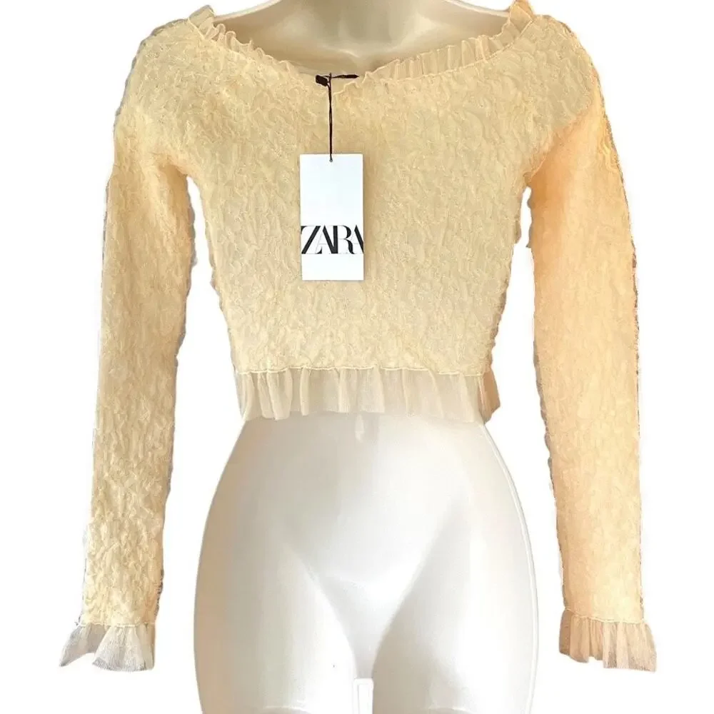 NWT ~ ZARA Beige Lace Tulle Off Shoulders Tight Crop Knit Top ~ Women's SMALL - Picture 8 of 9